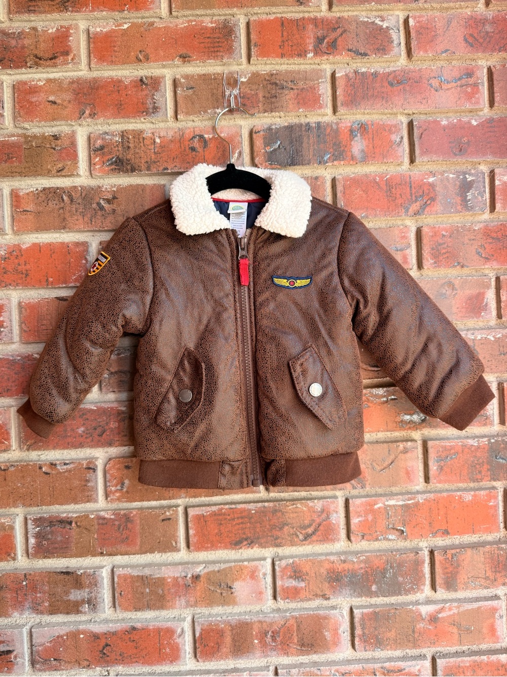 Little Me Brown Faux Leather Puffer Bomber Jacket with Sherpa Collar